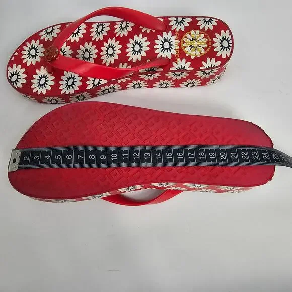Tory Burch Red Flower Print Wedge Heel Flip Flop Sandals Women's Size Unmarked - Picture 12 of 12